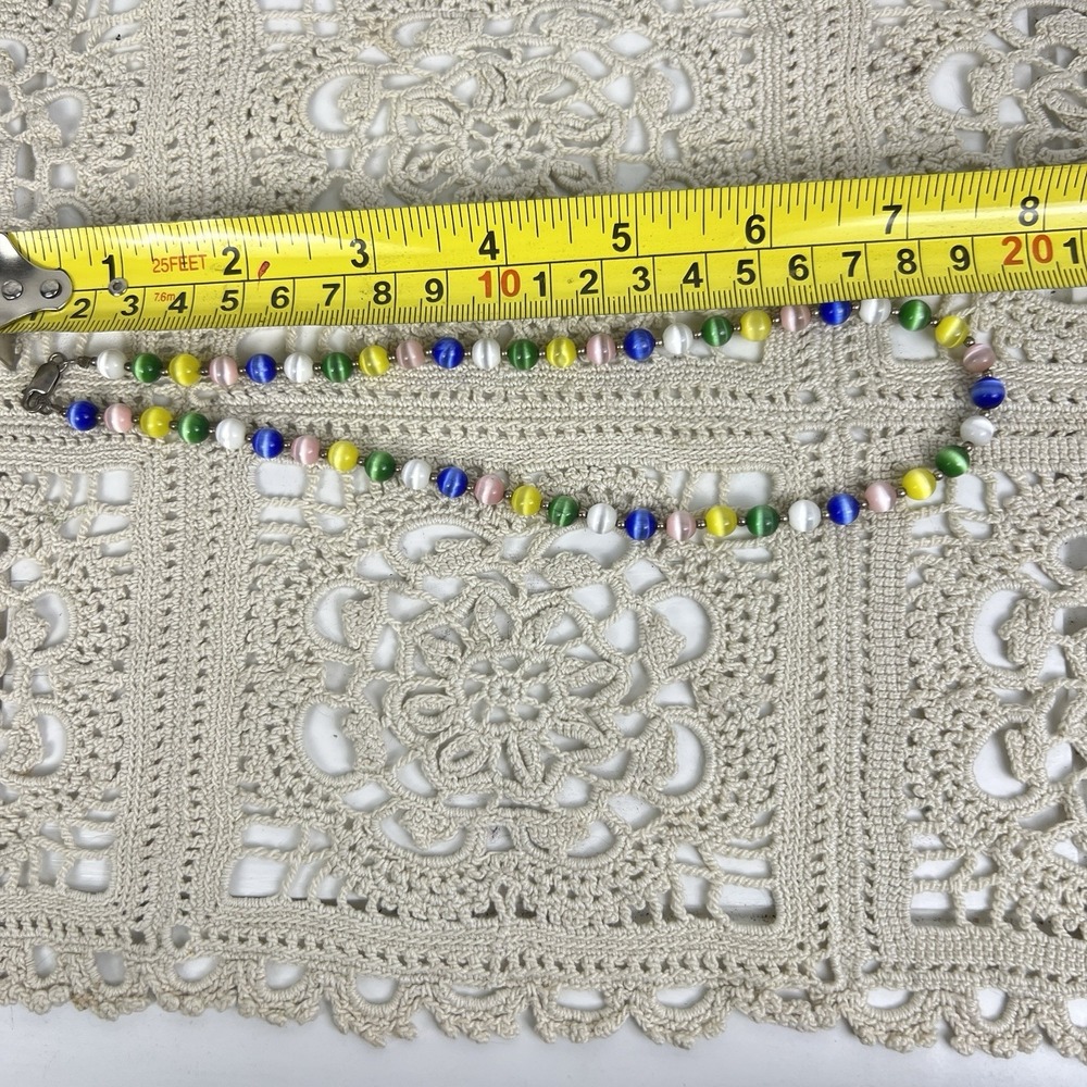 Vtg 90's Rainbow Moon Glow Cats Eye Beaded Choker Necklace .925 Sterling Silver - Picture 5 of 5